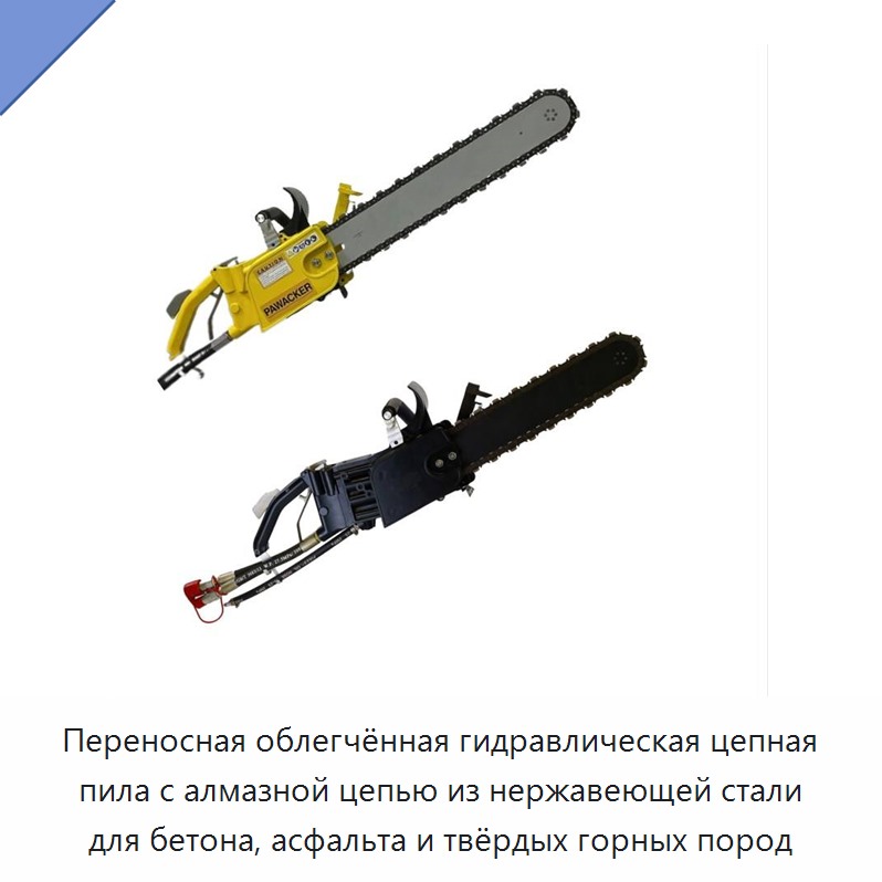 Переносная облегчённая гидравлическая цепная пила с алмазной цепью из нержавеющей стали для бетона, асфальта и твёрдых горных пород — Гидравлические цепные пилы
