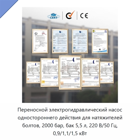 Переносной электрогидравлический насос одностороннего действия для натяжителей болтов, 2000 бар, бак 5,5 л, 220 В/50 Гц, 0,9/1,1/1,5 кВт