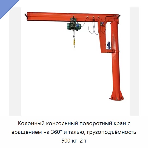Колонный консольный поворотный кран с вращением на 360° и талью, грузоподъёмность 500 кг–2 т — Консольные краны