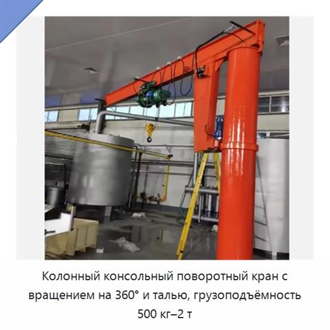Колонный консольный поворотный кран с вращением на 360° и талью, грузоподъёмность 500 кг–2 т