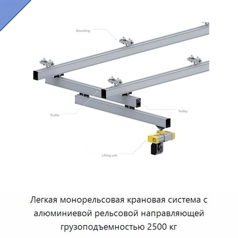Легкая монорельсовая крановая система с алюминиевой рельсовой направляющей грузоподъемностью 2500 кг