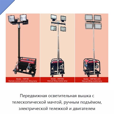 Передвижная осветительная вышка с телескопической мачтой, ручным подъёмом, электрической тележкой и двигателем