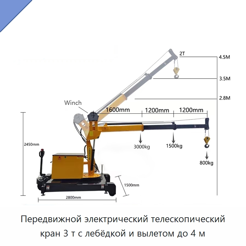 Передвижной электрический телескопический кран 3 т с лебёдкой и вылетом до 4 м — Прочие краны