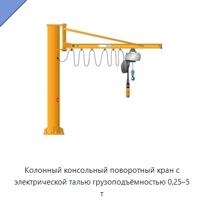 Колонный консольный поворотный кран с электрической талью грузоподъёмностью 0,25–5 т