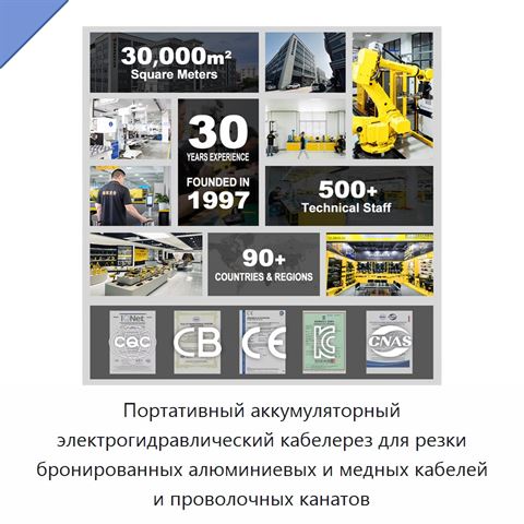 Портативный аккумуляторный электрогидравлический кабелерез для резки бронированных алюминиевых и медных кабелей и проволочных канатов