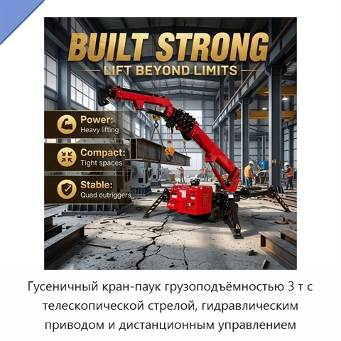 Гусеничный кран-паук грузоподъёмностью 3 т с телескопической стрелой, гидравлическим приводом и дистанционным управлением