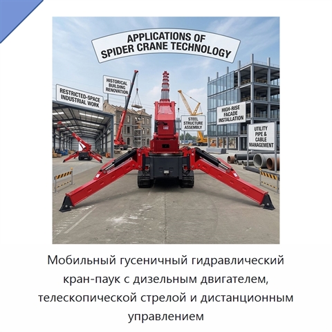 Мобильный гусеничный гидравлический кран-паук с дизельным двигателем, телескопической стрелой и дистанционным управлением