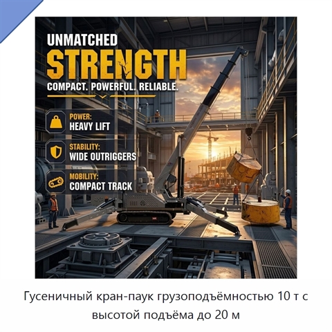 Гусеничный кран-паук грузоподъёмностью 10 т с высотой подъёма до 20 м
