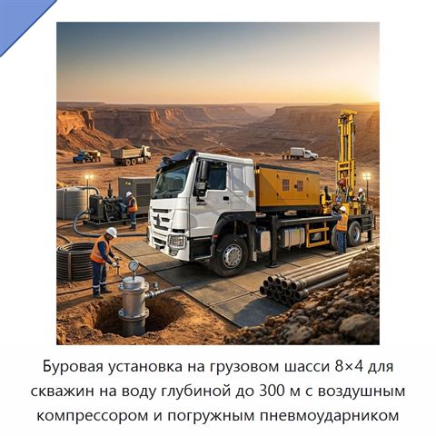 Буровая установка на грузовом шасси 8×4 для скважин на воду глубиной до 300 м с воздушным компрессором и погружным пневмоударником