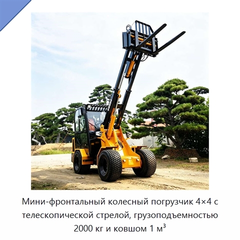 Мини-фронтальный колесный погрузчик 4×4 с телескопической стрелой, грузоподъемностью 2000 кг и ковшом 1 м³