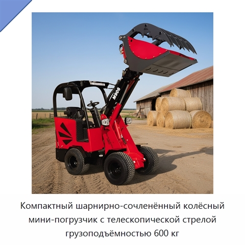 Компактный шарнирно-сочленённый колёсный мини-погрузчик с телескопической стрелой грузоподъёмностью 600 кг