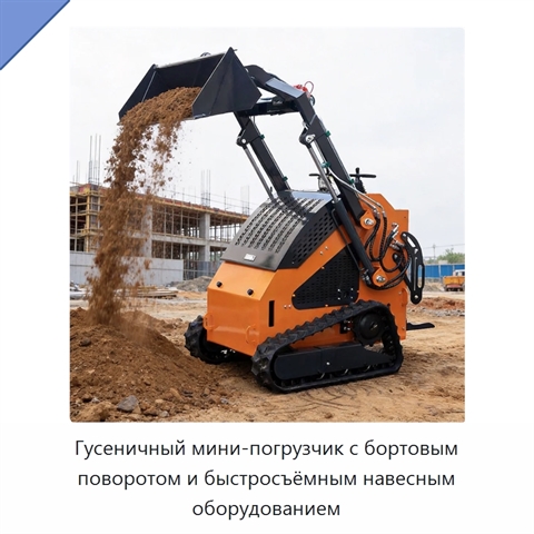 Компактный гусеничный мини-погрузчик с бортовым поворотом, универсальным быстросъёмным креплением и гидравлическим навесным оборудованием