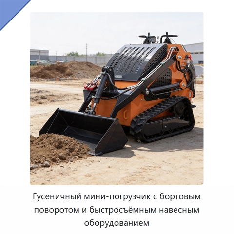 Компактный гусеничный мини-погрузчик с бортовым поворотом, универсальным быстросъёмным креплением и гидравлическим навесным оборудованием
