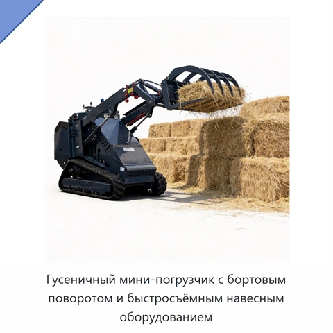 Компактный гусеничный мини-погрузчик с бортовым поворотом, универсальным быстросъёмным креплением и гидравлическим навесным оборудованием