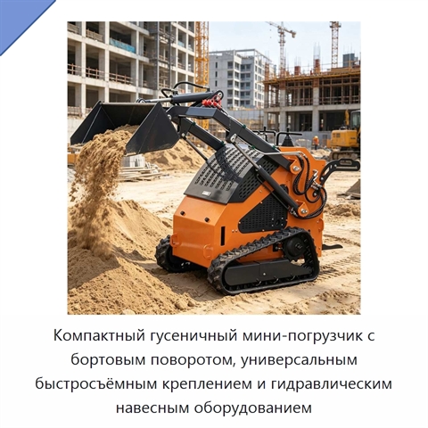 Компактный гусеничный мини-погрузчик с бортовым поворотом, универсальным быстросъёмным креплением и гидравлическим навесным оборудованием