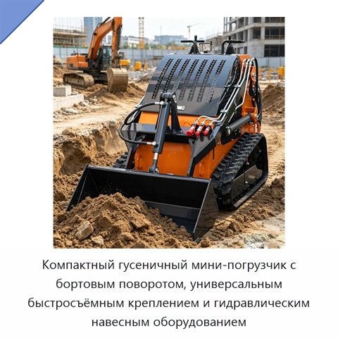 Компактный гусеничный мини-погрузчик с бортовым поворотом, универсальным быстросъёмным креплением и гидравлическим навесным оборудованием