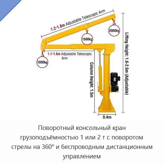 Поворотный консольный кран грузоподъёмностью 1 или 2 т с поворотом стрелы на 360° и беспроводным дистанционным управлением — Краны