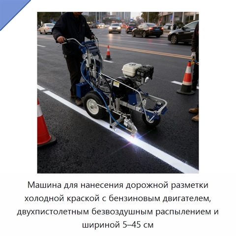 Машина для нанесения дорожной разметки холодной краской с бензиновым двигателем, двухпистолетным безвоздушным распылением и шириной 5–45 см