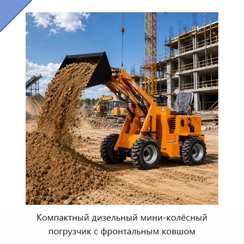 Компактный дизельный мини-колёсный погрузчик с фронтальным ковшом