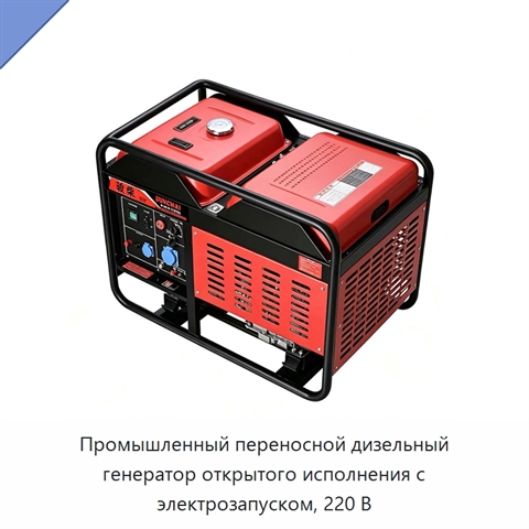 Промышленный переносной дизельный генератор открытого исполнения с электрозапуском, 220 В