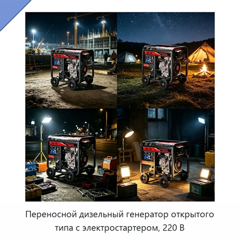 Переносной дизельный генератор открытого типа с электростартером, 220 В