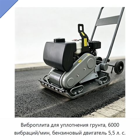Виброплита для уплотнения грунта, 6000 вибраций/мин, бензиновый двигатель 5,5 л. с.