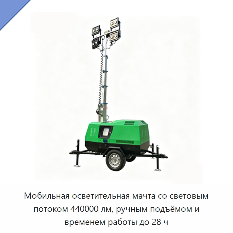 Мобильная осветительная мачта со световым потоком 440000 лм, ручным подъёмом и временем работы до 28 ч — Генерация электроэнергии