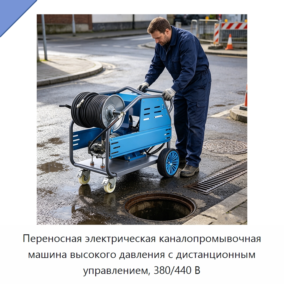Переносная электрическая каналопромывочная машина высокого давления с дистанционным управлением, 380/440 В — Аппараты высокого давления