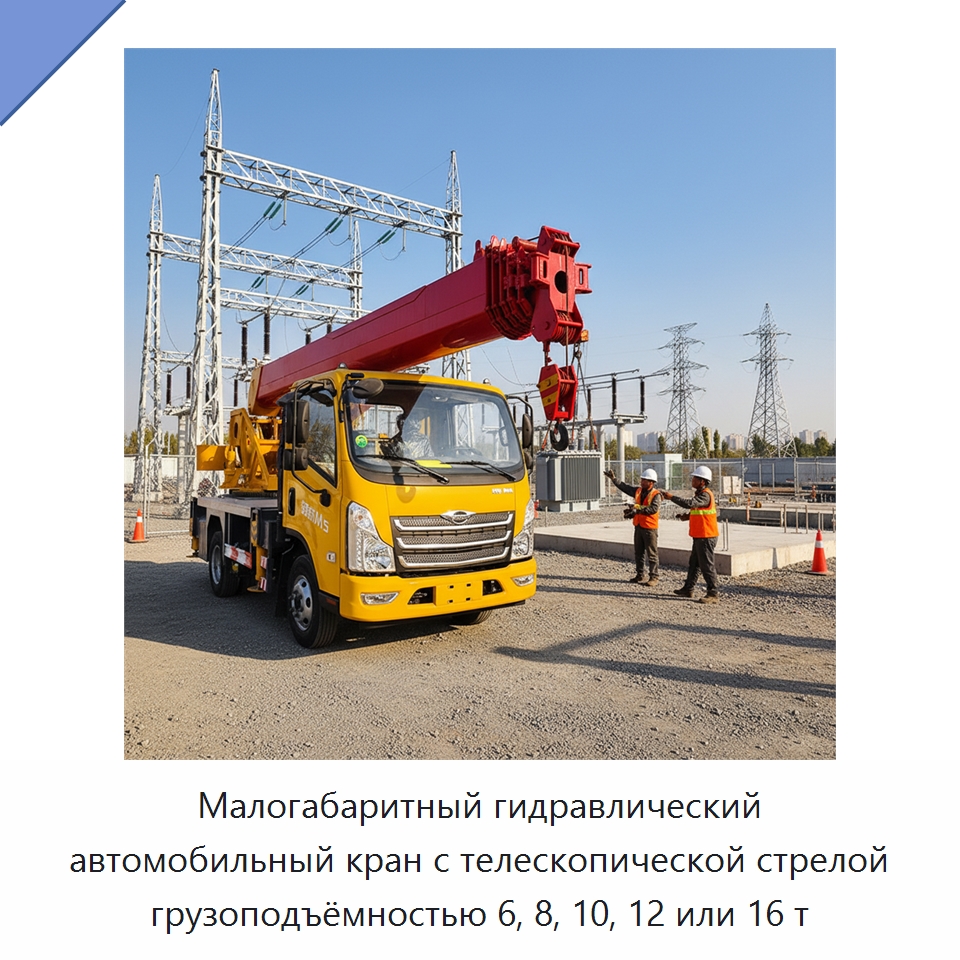 Малогабаритный гидравлический автомобильный кран с телескопической стрелой грузоподъёмностью 6, 8, 10, 12 или 16 т — Краны