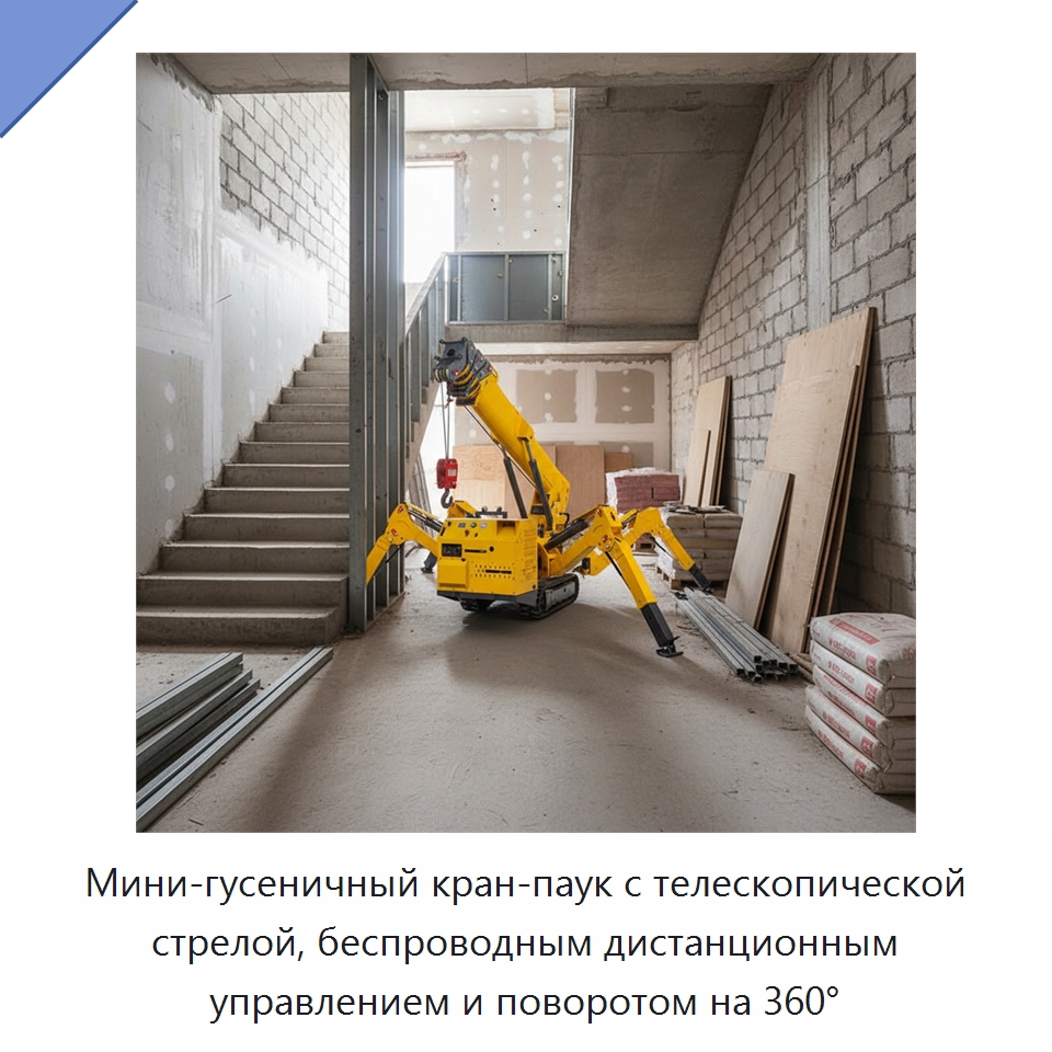 Мини-гусеничный кран-паук с телескопической стрелой, беспроводным дистанционным управлением и поворотом на 360° — Краны
