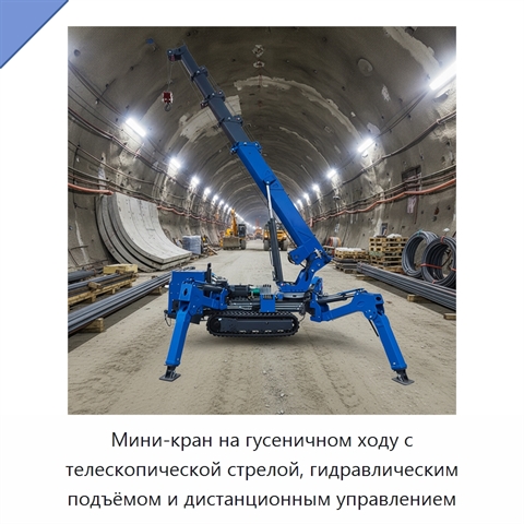 Мини-кран на гусеничном ходу с телескопической стрелой, гидравлическим подъёмом и дистанционным управлением