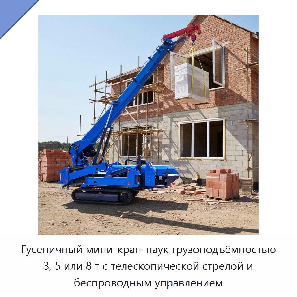 Гусеничный мини-кран-паук грузоподъёмностью 3, 5 или 8 т с телескопической стрелой и беспроводным управлением — Краны