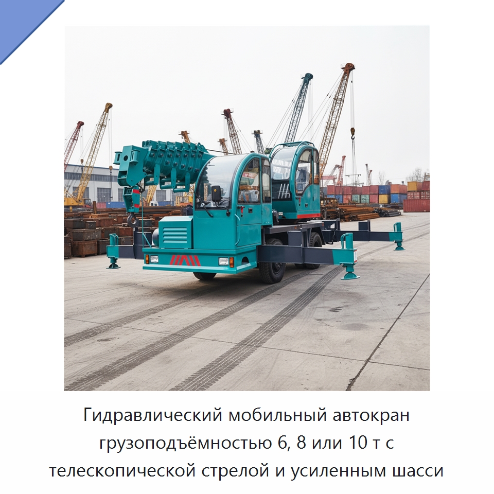 Гидравлический мобильный автокран грузоподъёмностью 6, 8 или 10 т с телескопической стрелой и усиленным шасси — Краны