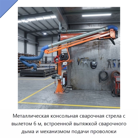 Металлическая консольная сварочная стрела с вылетом 6 м, встроенной вытяжкой сварочного дыма и механизмом подачи проволоки