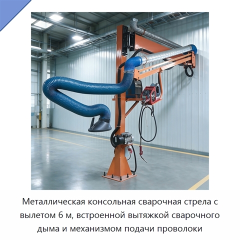 Металлическая консольная сварочная стрела с вылетом 6 м, встроенной вытяжкой сварочного дыма и механизмом подачи проволоки