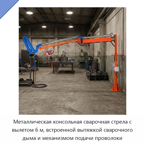 Металлическая консольная сварочная стрела с вылетом 6 м, встроенной вытяжкой сварочного дыма и механизмом подачи проволоки