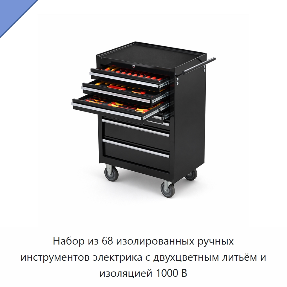 Набор из 68 изолированных ручных инструментов электрика с двухцветным литьём и изоляцией 1000 В — Наборы электромонтажного инструмента