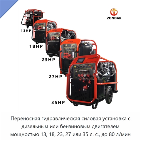 Переносная гидравлическая силовая установка с дизельным или бензиновым двигателем мощностью 13, 18, 23, 27 или 35 л. с., до 80 л/мин