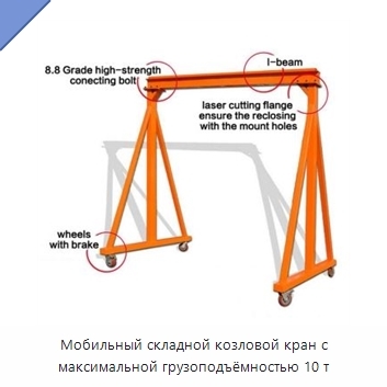 Мобильный складной козловой кран с максимальной грузоподъёмностью 10 т