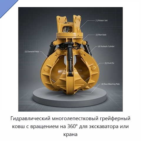 Гидравлический многолепестковый грейферный ковш с вращением на 360° для экскаватора или крана