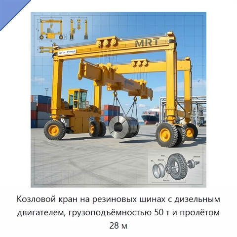 Козловой кран на резиновых шинах с дизельным двигателем, грузоподъёмностью 50 т и пролётом 28 м