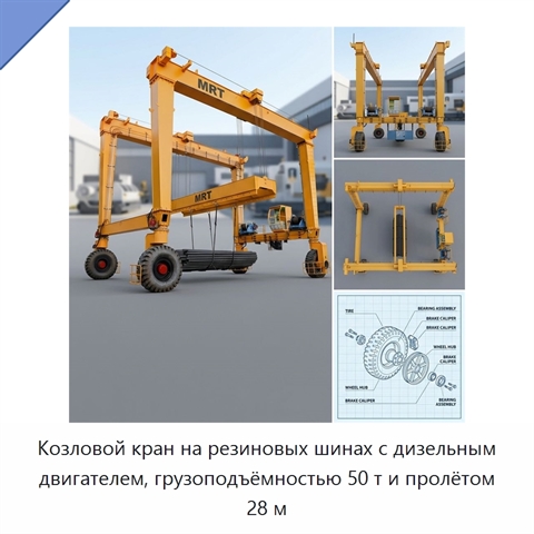 Козловой кран на резиновых шинах с дизельным двигателем, грузоподъёмностью 50 т и пролётом 28 м