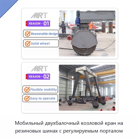 Мобильный двухбалочный козловой кран на резиновых шинах с регулируемым порталом