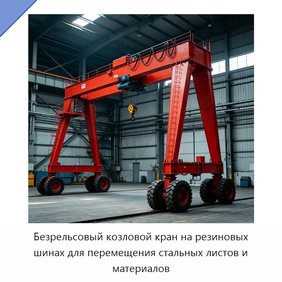 Безрельсовый козловой кран на резиновых шинах для перемещения стальных листов и материалов — Краны