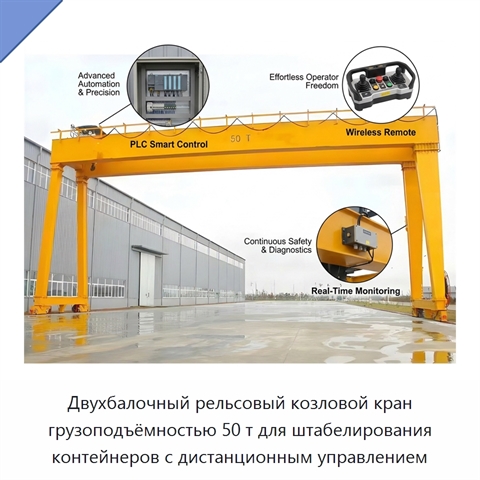Двухбалочный рельсовый козловой кран грузоподъёмностью 50 т для штабелирования контейнеров с дистанционным управлением