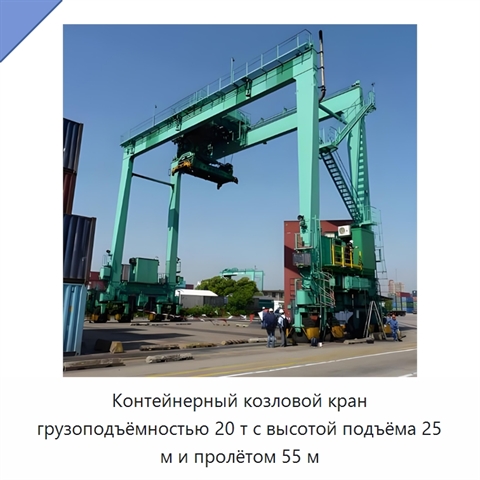 Контейнерный козловой кран грузоподъёмностью 20 т с высотой подъёма 25 м и пролётом 55 м