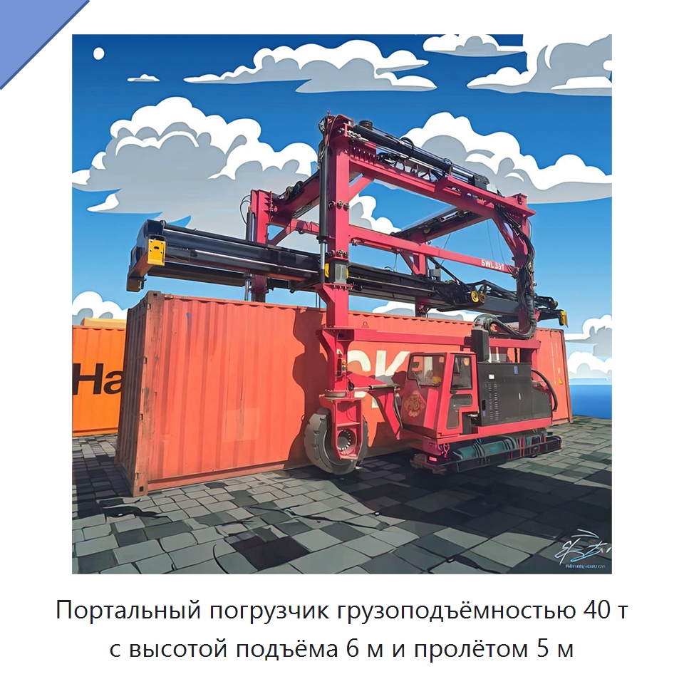 Портальный погрузчик грузоподъёмностью 40 т с высотой подъёма 6 м и пролётом 5 м — Краны