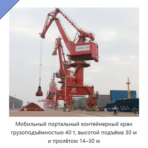 Мобильный портальный контейнерный кран грузоподъёмностью 40 т, высотой подъёма 30 м и пролётом 14–30 м