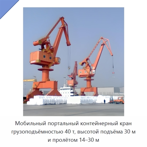 Мобильный портальный контейнерный кран грузоподъёмностью 40 т, высотой подъёма 30 м и пролётом 14–30 м