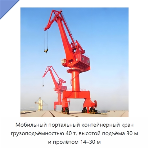 Мобильный портальный контейнерный кран грузоподъёмностью 40 т, высотой подъёма 30 м и пролётом 14–30 м